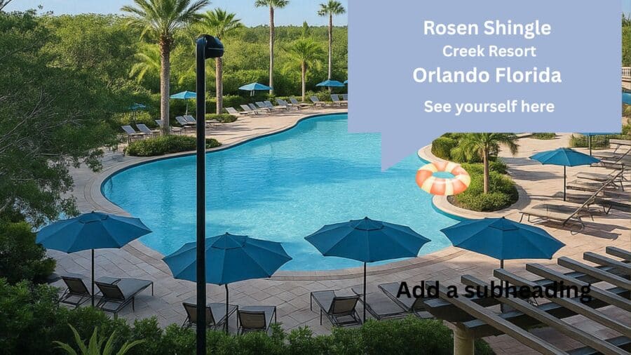 11 Best Hotels in Orlando with Lazy River (No Theme Park Required) 3 - Alt text: Poolside view at Rosen Shingle Creek Resort in Orlando, Florida with blue umbrellas and lounge chairs, featuring a promotional text overlay