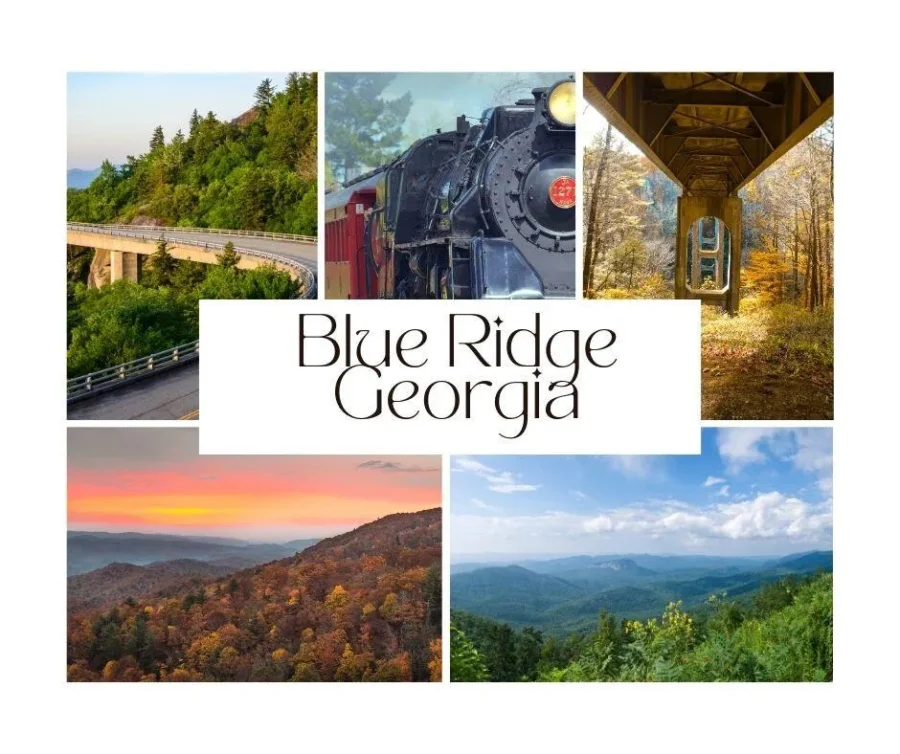 What to Do in Blue Ridge GA: 7 Relaxing Ideas for Your Mountain Getaway 4 Collage of scenic views, mountain railroads, and fall foliage in Blue Ridge, Georgia — showcasing the best things to do in Blue Ridge GA for a peaceful mountain getaway.