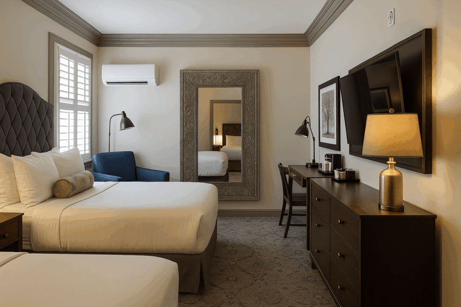 The Ultimate Charleston Weekend Getaway for Women: Walkable, Charming & Full of Southern Surprises 6 Elegant hotel room at Andrew Pinckney Inn in Charleston, SC, featuring two plush queen beds, a decorative mirror, soft lighting, and cozy furnishings.