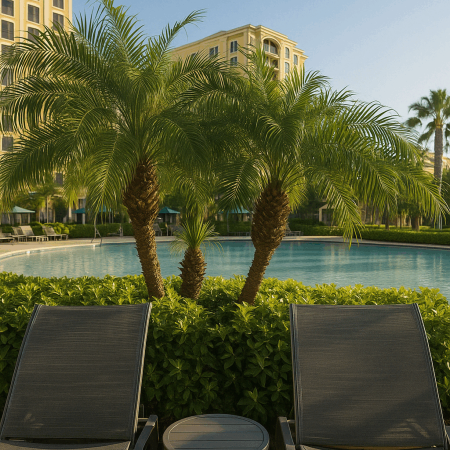 Poolside lounge chairs under tropical palm trees at Rosen Shingle Creek in Orlando, Florida, with a large resort pool and luxury buildings in the background.