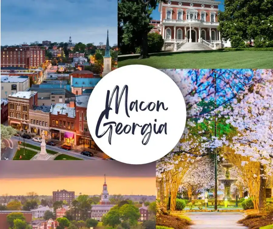 Fun Things to Do in Macon, Georgia 2 Collage of popular places in Macon, Georgia including downtown views, the Hay House, cherry blossom trees in bloom, and a sunset over historic buildings.