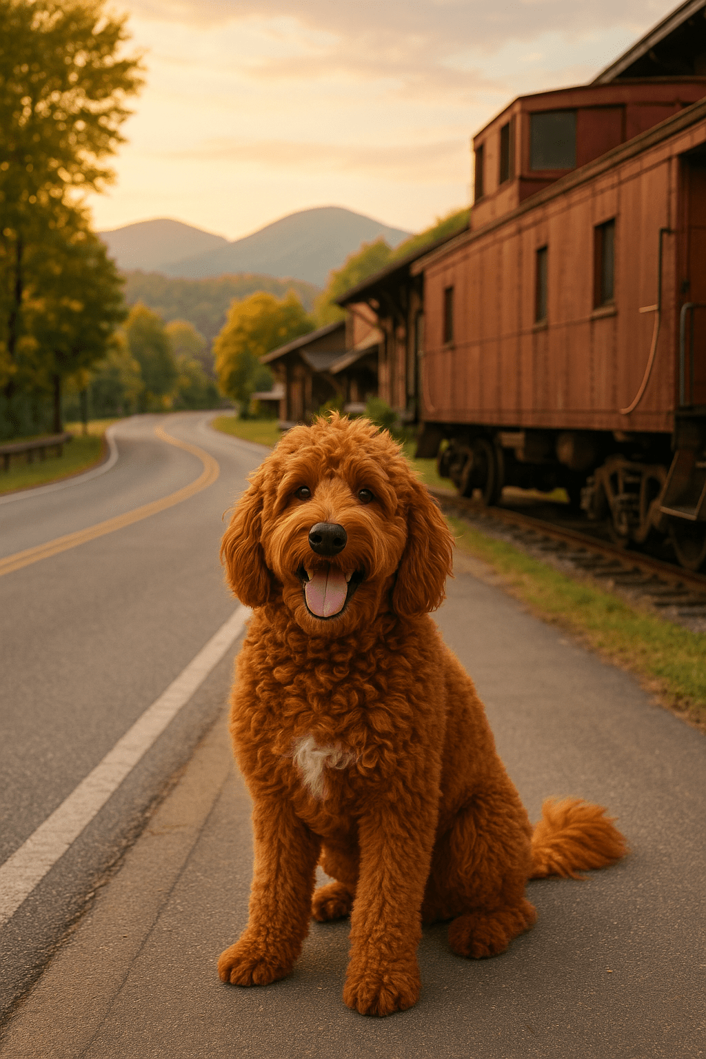 11 Peaceful getaways near Atlanta 1 Mr. Jax, a fluffy red Goldendoodle with a white spot on his chest, sitting happily by a vintage train car on a scenic road surrounded by trees and mountains near Atlanta.