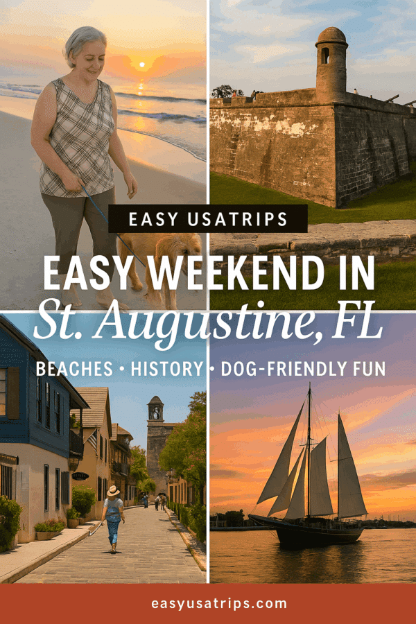 14 Top-Rated Favorite Things to Do St. Augustine, Florida 2 Easy weekend in St. Augustine, FL travel collage with beaches, historic streets, a sailboat, and dog-friendly fun. This Pinterest image promotes things to do in St. Augustine for a relaxing Florida getaway