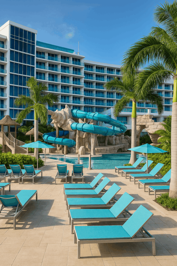 Margaritaville Nassau Day Pass Review: Pros, Cons, and What We Loved 5 The pool and water slide area at Margaritaville Beach Resort Nassau, featuring turquoise lounge chairs, palm trees, and a modern high-rise hotel in the background.