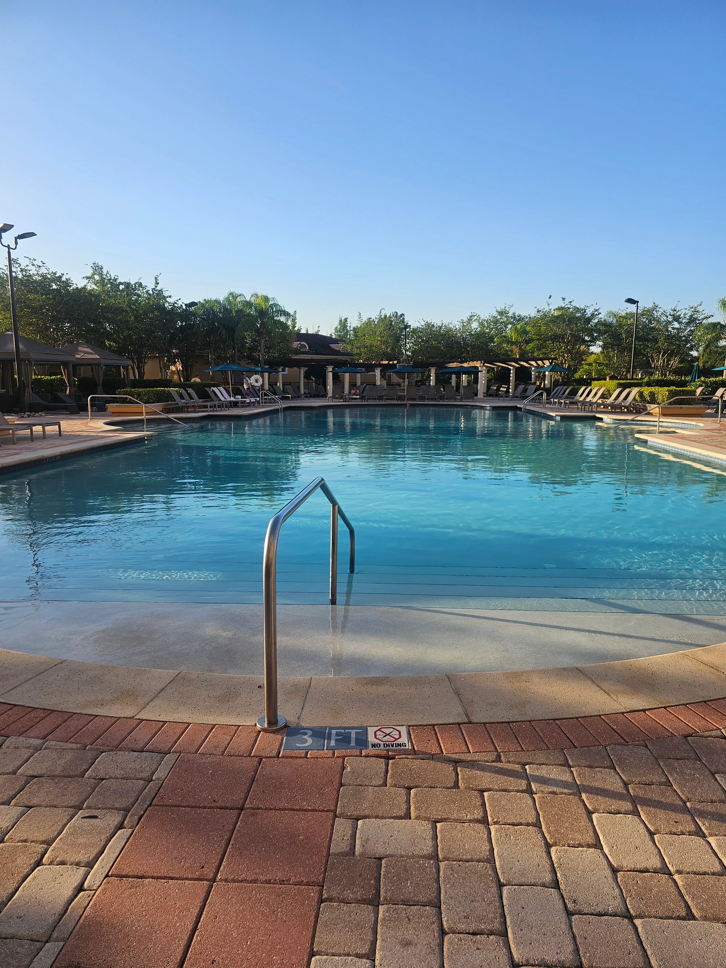 View of the Rosen Shingle Creek resort pool in Orlando, Florida, featuring a calm zero-entry edge, tropical palm trees, and a clear blue morning sky.