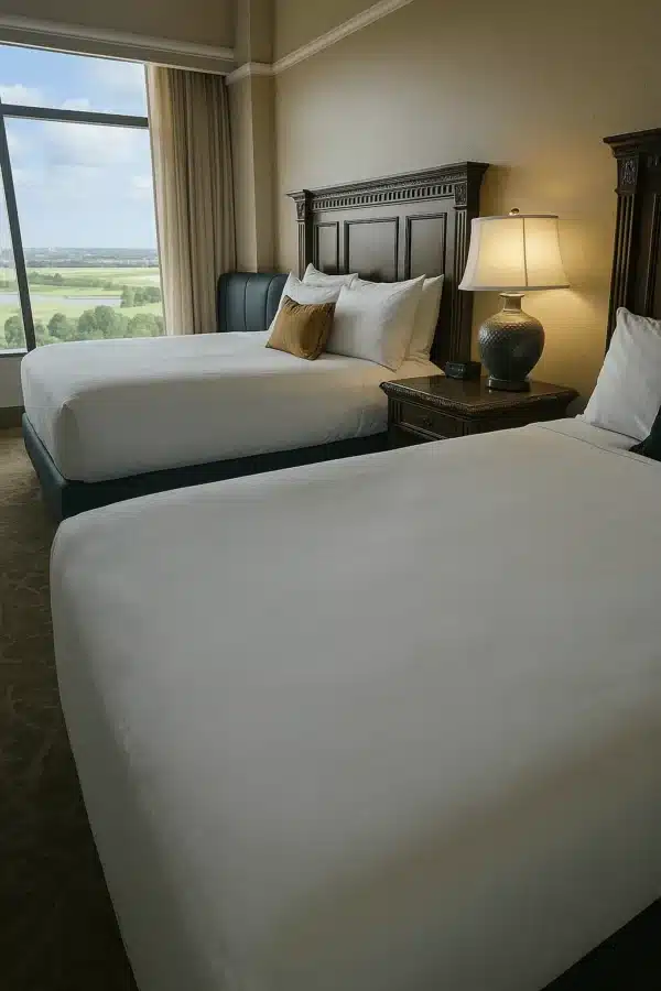 Elegant guest room at Rosen Shingle Creek in Orlando, Florida, featuring two queen beds with white linens, a nightstand with a ceramic lamp, and a large window with views of the golf course.