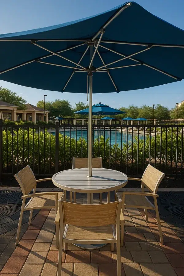 Outdoor patio seating at Rosen Shingle Creek in Orlando, Florida, featuring a round table with four chairs under a large teal umbrella near the poolside cabanas.