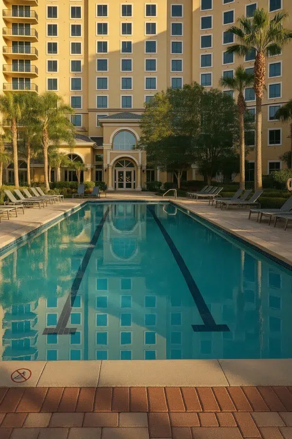 Lap pool at Rosen Shingle Creek in Orlando, Florida, with calm blue water reflecting the tall resort building and palm trees surrounding the area.