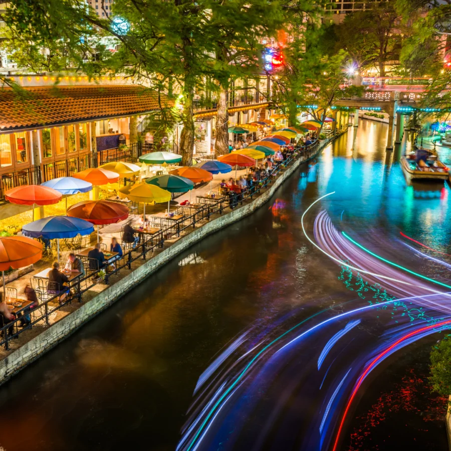 What to do in San Antonio today (19 Top Attractions) 1 What to do in San Antonio Today - Image of umbrella filled Mexican Restaurant in the San Antonio River walk.