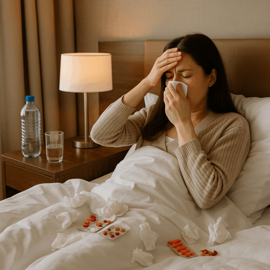 What to Do If You Get Sick on Vacation 4 What to do if you get sick on vacation Blog post image - A woman lies in a hotel bed looking sick, holding a tissue to her nose and resting her hand on her forehead. A nightstand beside her has a water bottle, glass, lamp, and various medications. Used tissues and blister packs are scattered on the bed. Natural light filters in through a nearby window.