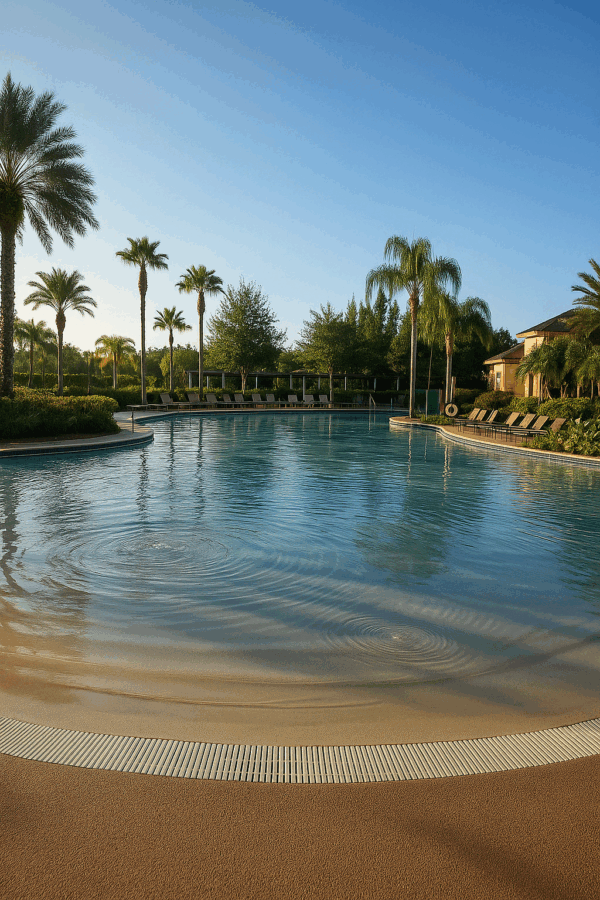 Gallery of images from Rosen Shingle creek in Orlando Florida. View of the Rosen Shingle Creek resort pool in Orlando, Florida, featuring a calm zero-entry edge, tropical palm trees, and a clear blue morning sky.