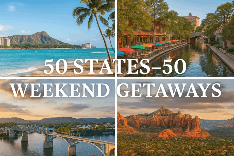 Where to Go on a Weekend Trip: 50 Easy Getaways in the USA 5 Collage of four U.S. travel destinations with bold text reading β50 States β 50 Weekend Getaways.β Images include a tropical beach in Maui, the colorful River Walk in San Antonio, the Walnut Street Bridge in Chattanooga, and red rock formations in Sedona at sunset.