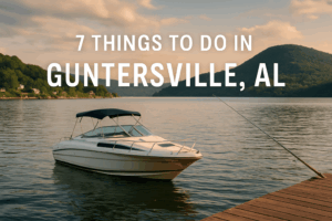 7 Things to do in Guntersville AL Scenic view of Lake Guntersville at sunset with a fishing boat on the water, surrounded by rolling hills and calm reflections—perfect for a weekend getaway in Alabama.