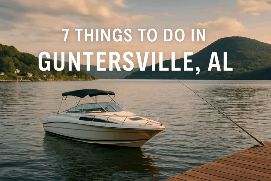 7 Fun Things to Do In Guntersville, AL Today 4 7 Things to do in Guntersville AL Scenic view of Lake Guntersville at sunset with a fishing boat on the water, surrounded by rolling hills and calm reflections—perfect for a weekend getaway in Alabama.