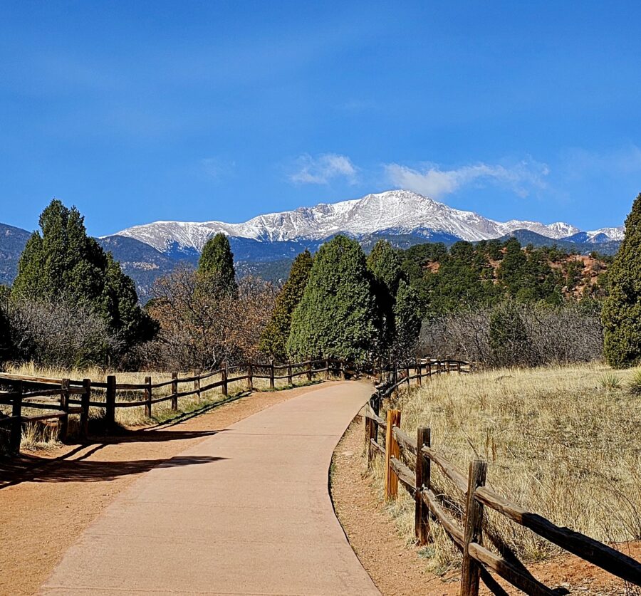 A No-Hike Way to See Garden of the Gods: Scenic Drive Tips for Older Travelers 7 Peaceful, paved walking path at Garden of the Gods lined with fencing and trees, leading toward snow-capped Pikes Peak under a bright blue sky.