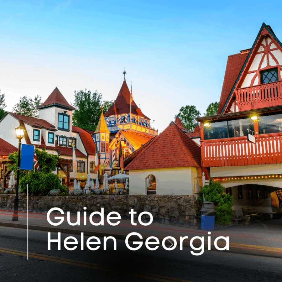 Helen Georgia's Top Attractions For 2025 5 Colorful Bavarian-style buildings in downtown Helen Georgia at sunset with classic alpine charm.