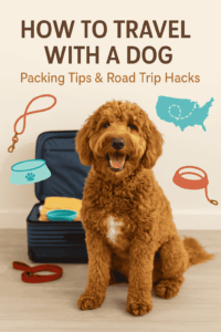 Featured blog image showing a happy reddish Goldendoodle with a white chest spot sitting in front of an open suitcase. Around him are illustrated travel icons including a leash, travel bowl, and U.S. map. Text on the image reads How to Travel with a Dog – Packing Tips & Road Trip Hacks.
