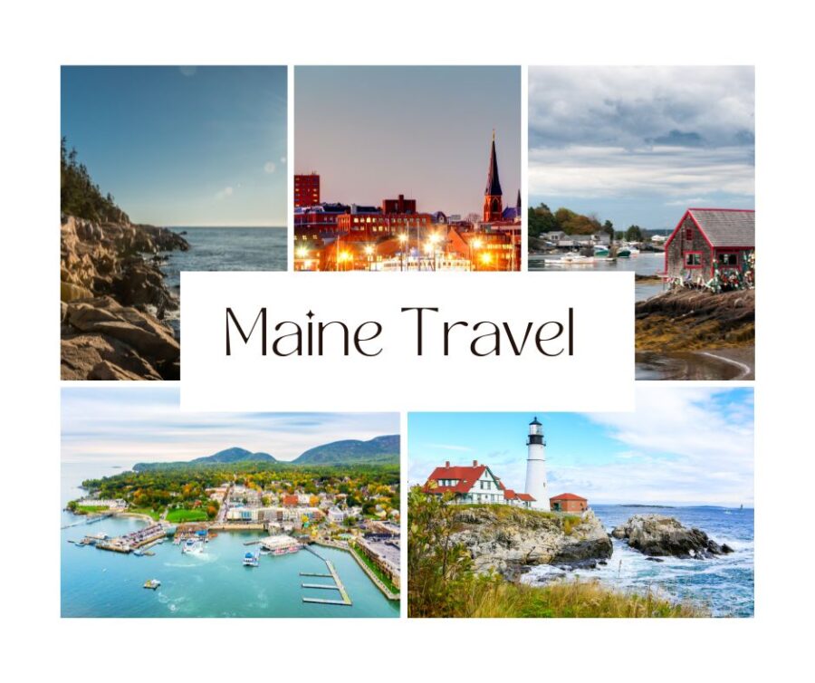 Collage of Maine travel destinations including rocky coastline, Portland city skyline, coastal fishing village, Bar Harbor aerial view, and Portland Head Light lighthouse. Maine Itinarary
